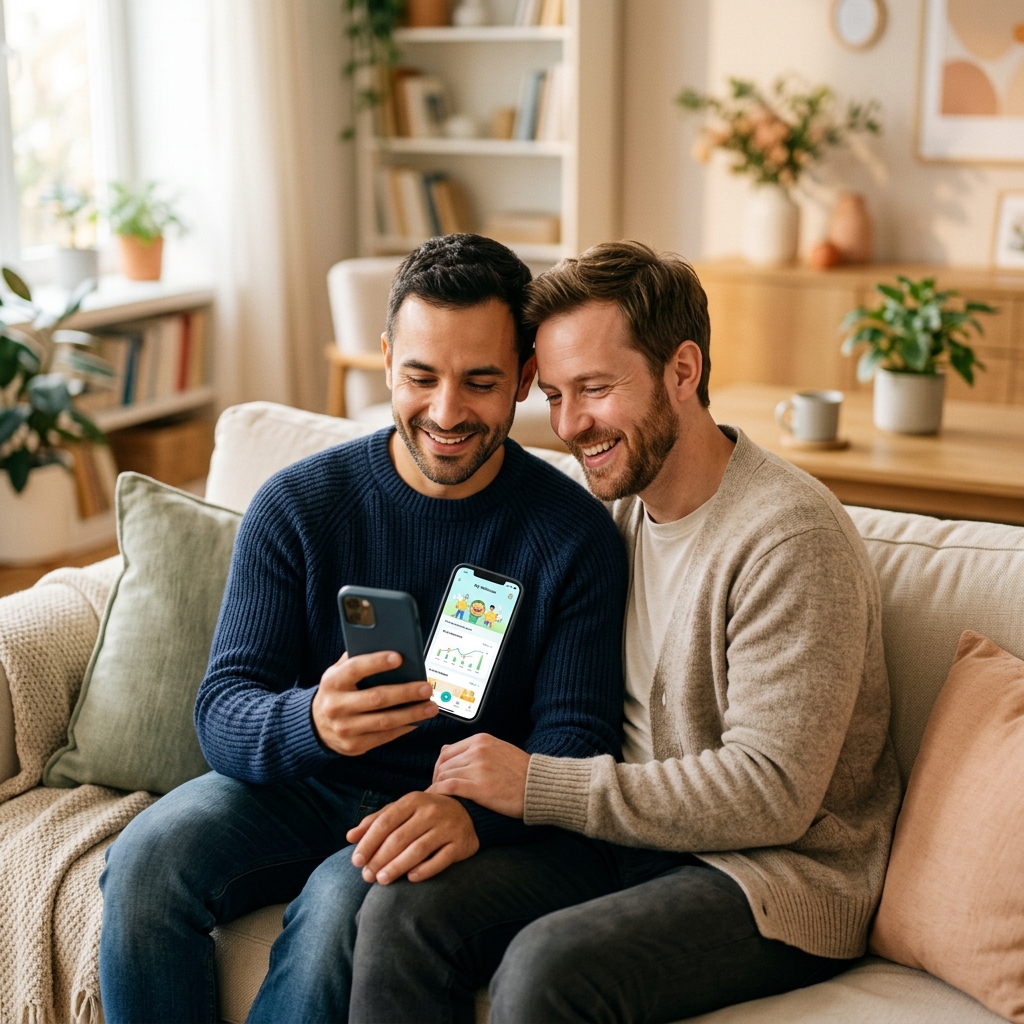 Smiling supportive friends looking at smartphone together